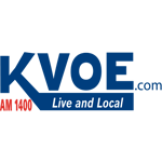 KVOE.com logo. The leg of the letter K extends out with the wotfd "Live and Local" inside the stroke.