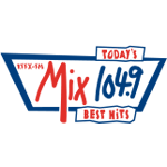 Mix 104.9 logo. "Mix 104.9" is contained within an upside down trapezoid. Boxes containing the words "Today's" and "Best Hits" are placed on the top and bottom of the trapezoid respectively,